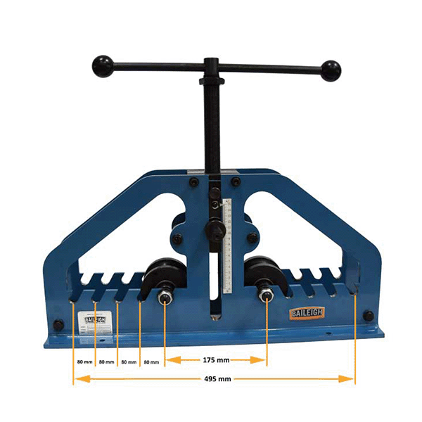 Baileigh R-M7 Manual Roll Bender Front View with Dimensions